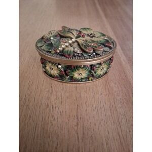 Vintage Enamel Dragonfly Trinket Box With Floral Metal Lid And Magnetic Closure